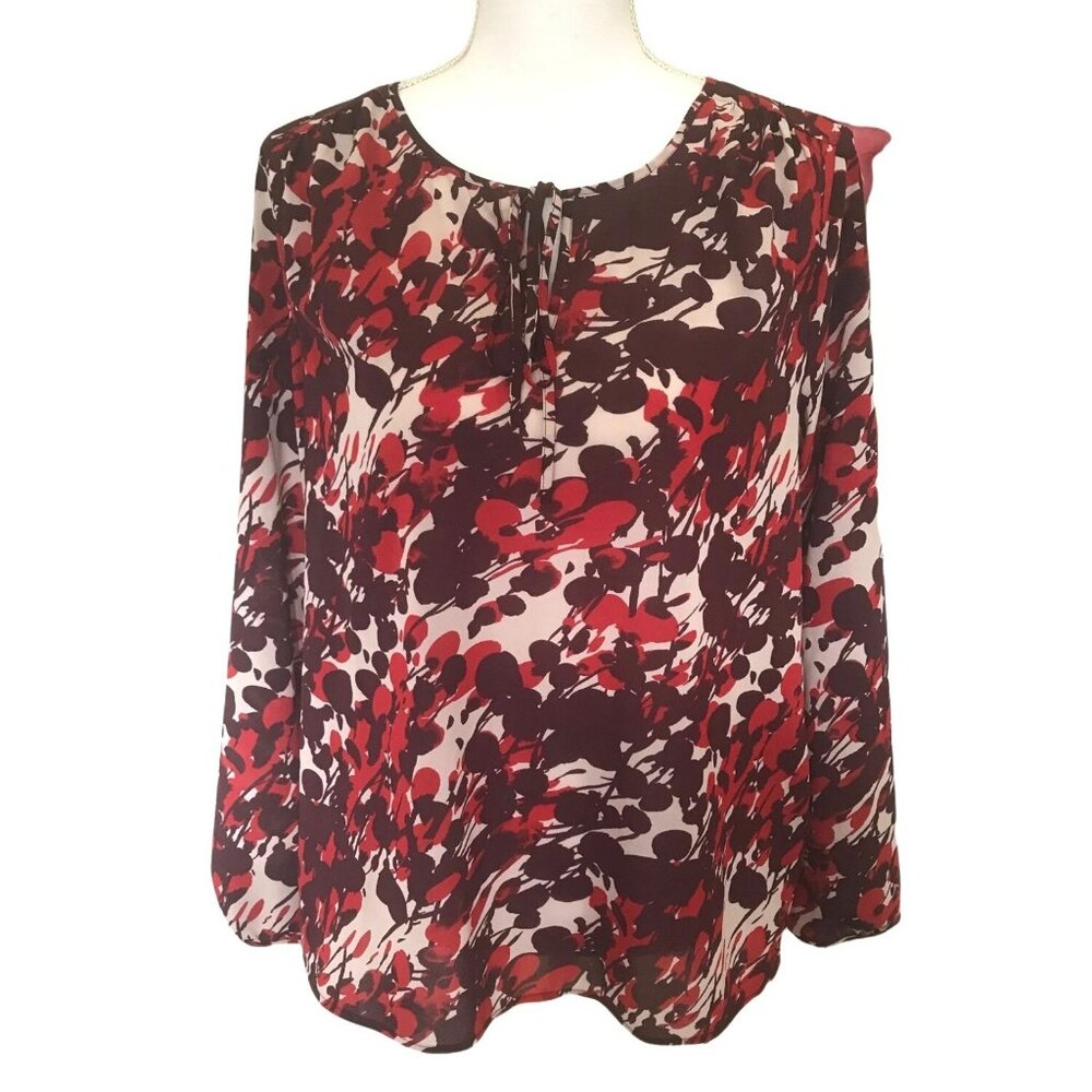 J Crew Blouse Long Sleeve Floral Cream with Red and Deep Red Floral Print S